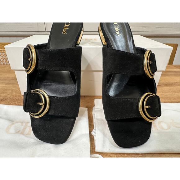 Chloé Alizè Flat Sandals Slides Black Suede Size 8 US 38 EU NIB Gold Buckles - Picture 6 of 16